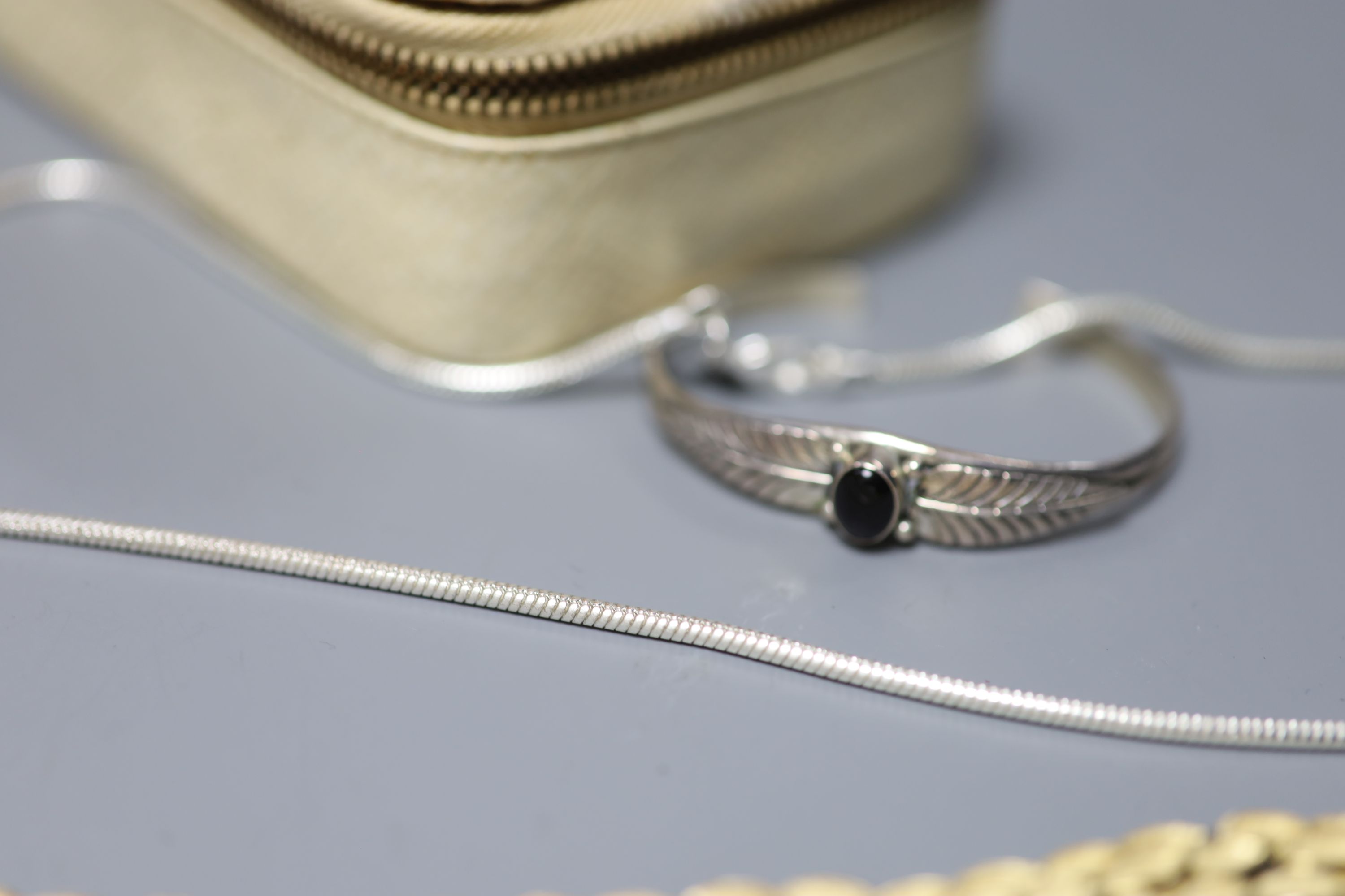 A ladys 9ct gold manual wind wrist watch and a small quantity of jewellery including white metal and costume.